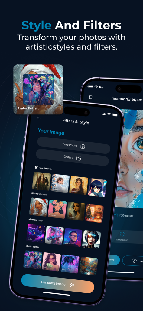 Collart - AI Image Generator - A smartphone screen displaying various artistic AI filters and styles like Disney Cartoon and Modern Neon within the Collart app