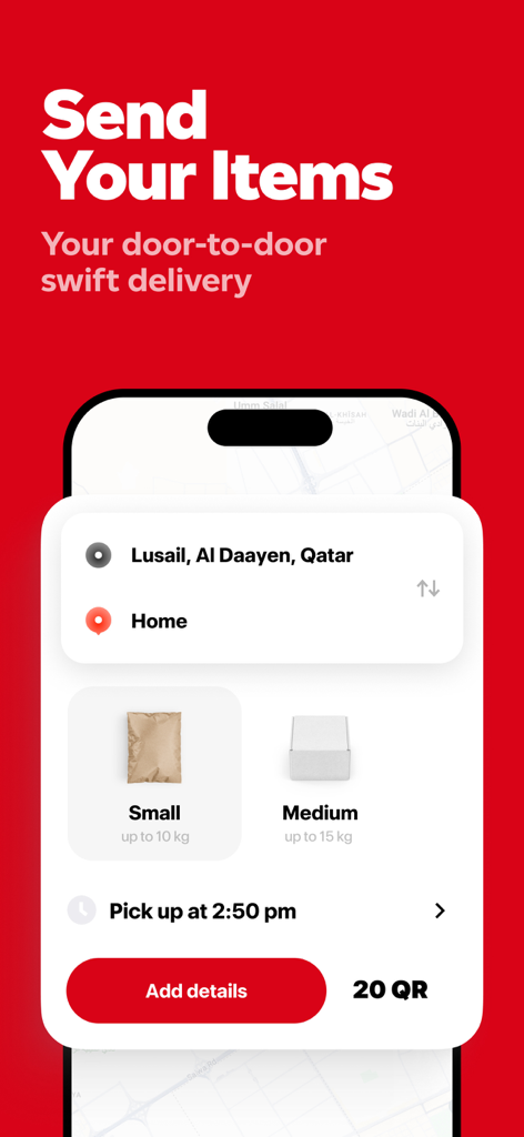 Snoonu app screen for Snoosend point-to-point delivery service showing package options and pickup time