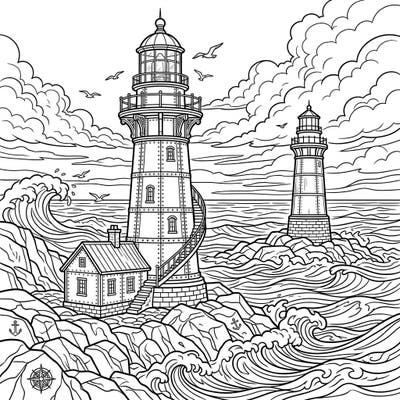 Dive into a dramatic seascape with our intricate Cast Iron Lighthouses coloring page. This captivating design features two historic lighthouses standing strong against a backdrop of powerful waves and dynamic clouds, ready for your creative touch.