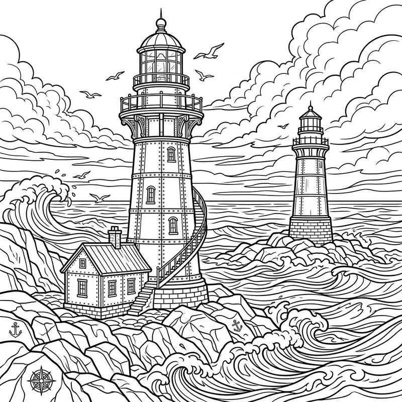Dive into a dramatic seascape with our intricate Cast Iron Lighthouses coloring page. This captivating design features two historic lighthouses standing strong against a backdrop of powerful waves and dynamic clouds, ready for your creative touch.