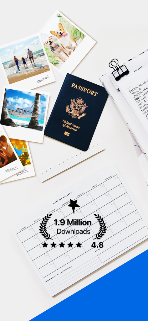 Flat lay of a US passport and documents with mobile scanner app rating and download count