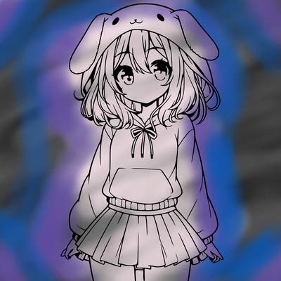 pretty anime girl wearing a fluffy hoodie with bunny ears on the hood and a skirt