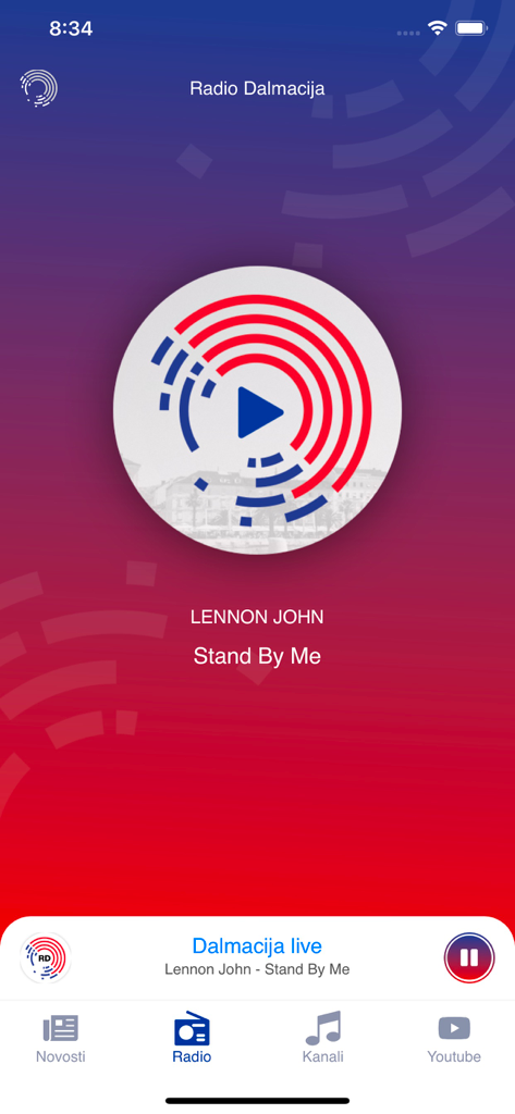 Radio Dalmacija - The Radio Dalmacija app displaying the now playing screen with navigation icons for news and radio