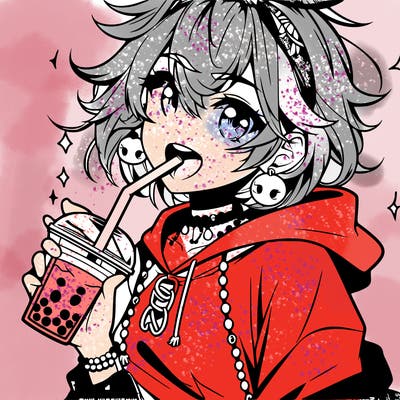 hot baddie anime girl drinking boba and biting the straw