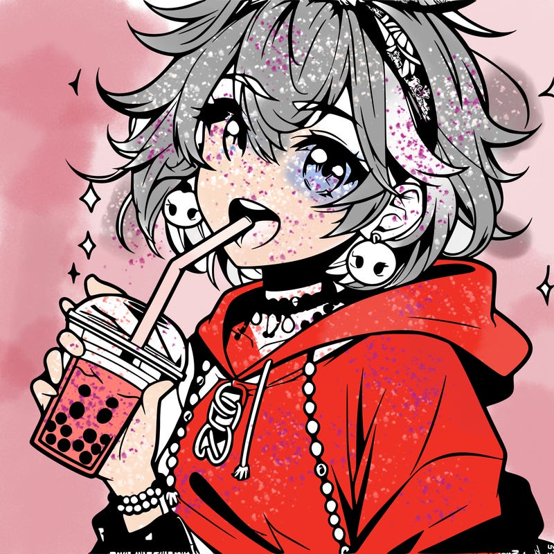 hot baddie anime girl drinking boba and biting the straw