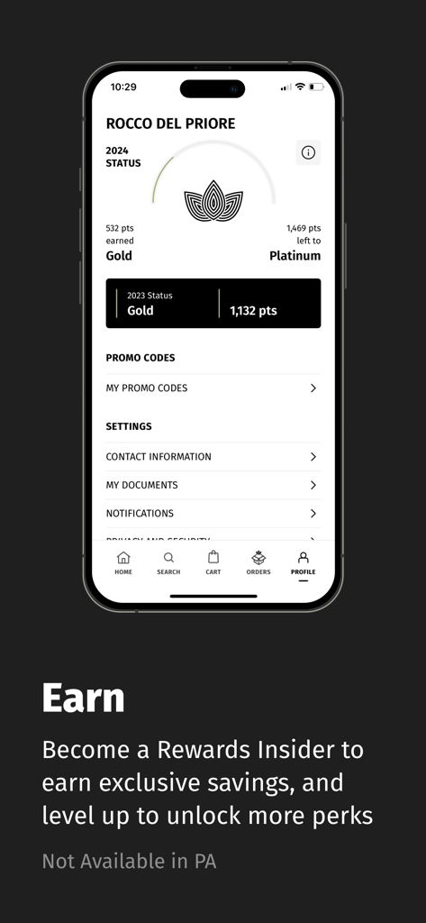 Zen Leaf+ - Écran de l'application Zen Leaf plus affichant le profil utilisateur et le statut des récompenses de fidélité du niveau Or