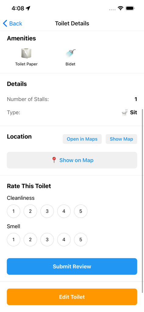 Ploop - Mobile app screen showing restroom amenities, location details, and a rating interface for cleanliness and smell.