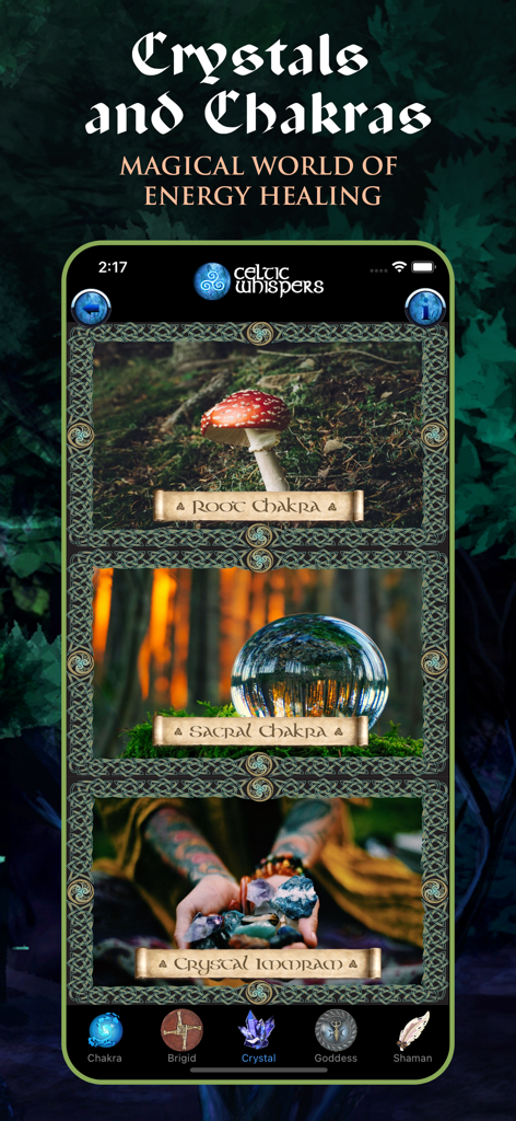 Pantalla de la aplicación Susurros Celtas mostrando módulos de curación de energía para el chakra raíz, el chakra sacro y los cristales