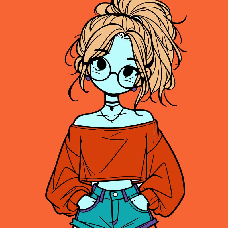 girl with a messy ponytail glasses a baggy crop top and jean shorts