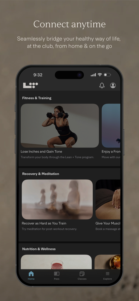 Life Time Digital - Benutzeroberfläche der Life Time Digital App mit Bereichen für Fitnesstraining und Erholung