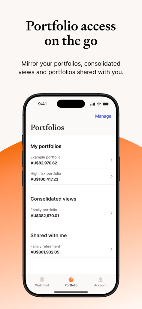 Interface de l'application Sharesight sur un iPhone montrant une liste de portefeuilles d'investissement et des vues consolidées