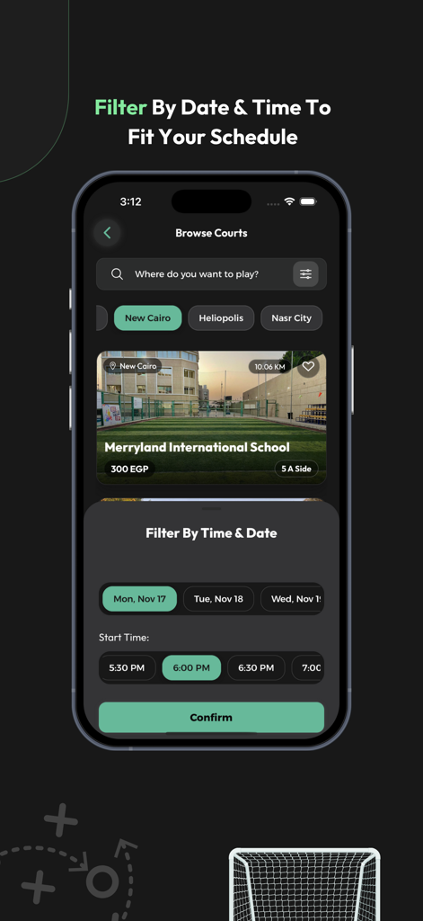 Yalla Hagz - يلا حجز - Yalla Hagz app interface showing sports court search results and a filter by time and date menu.