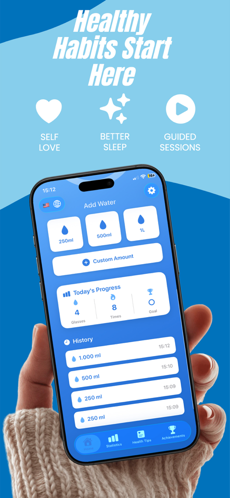 Schermata di uno smartphone che visualizza l'interfaccia dell'app Team Water con opzioni per registrare l'assunzione di acqua e visualizzare i progressi giornalieri