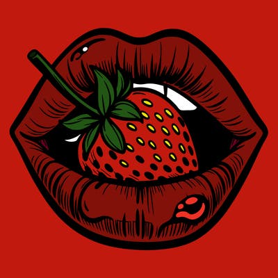 lips eating a glossy strawberry