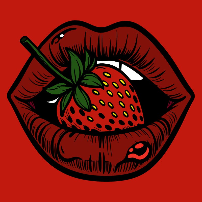lips eating a glossy strawberry