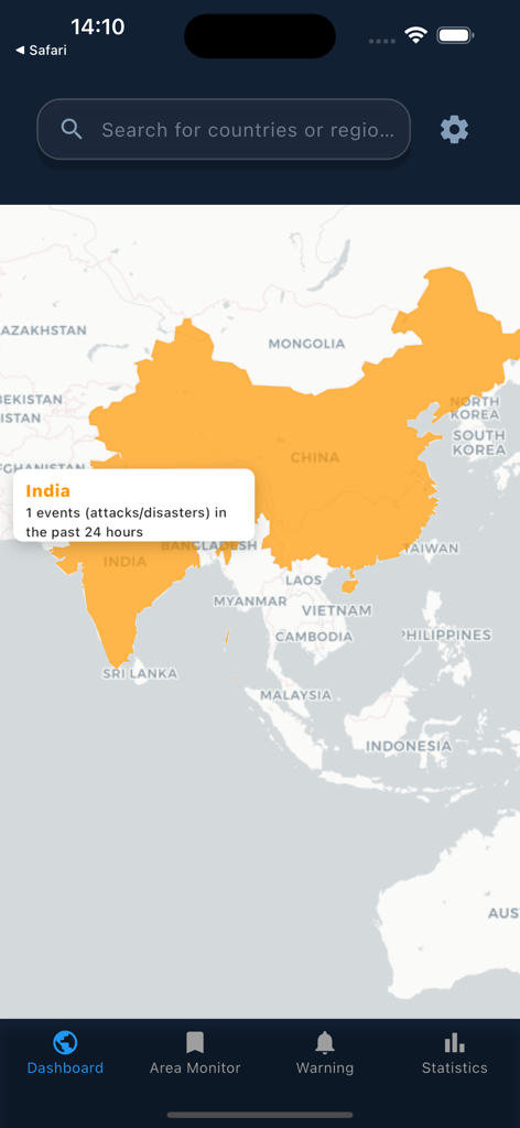 Global Risk - Global Risk app interactive map interface showing a disaster alert for India
