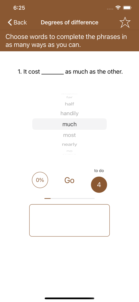 Cambridge Proficiency C2 Prep - C2 Proficiency English prep app showing a phrase completion exercise on degrees of difference.