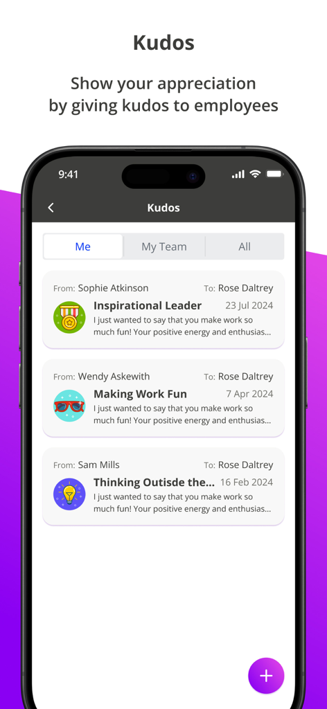 Uma captura de tela do aplicativo Staffology HR mostrando o recurso de reconhecimento de funcionários Kudos, onde os funcionários podem visualizar e enviar mensagens de apreciação aos colegas.