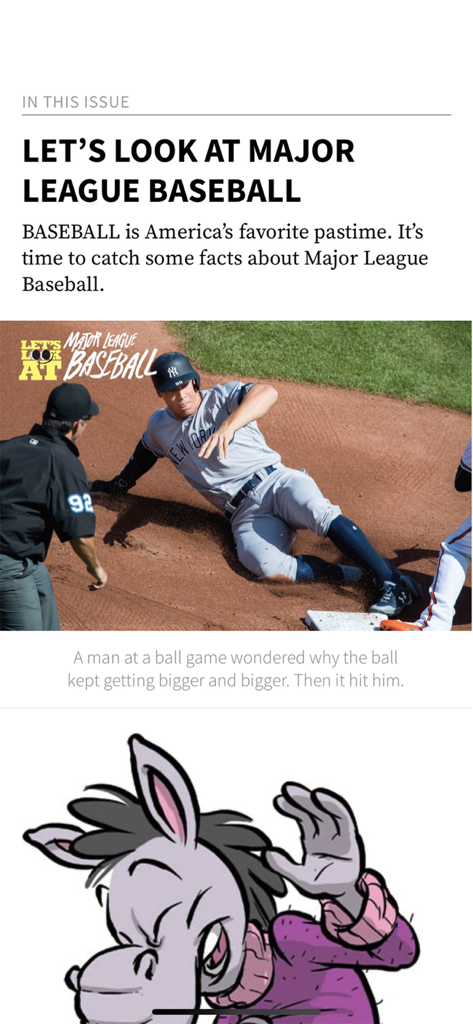 Scout Life Magazine - Digital article about Major League Baseball in the Scout Life Magazine app featuring a player sliding into base.