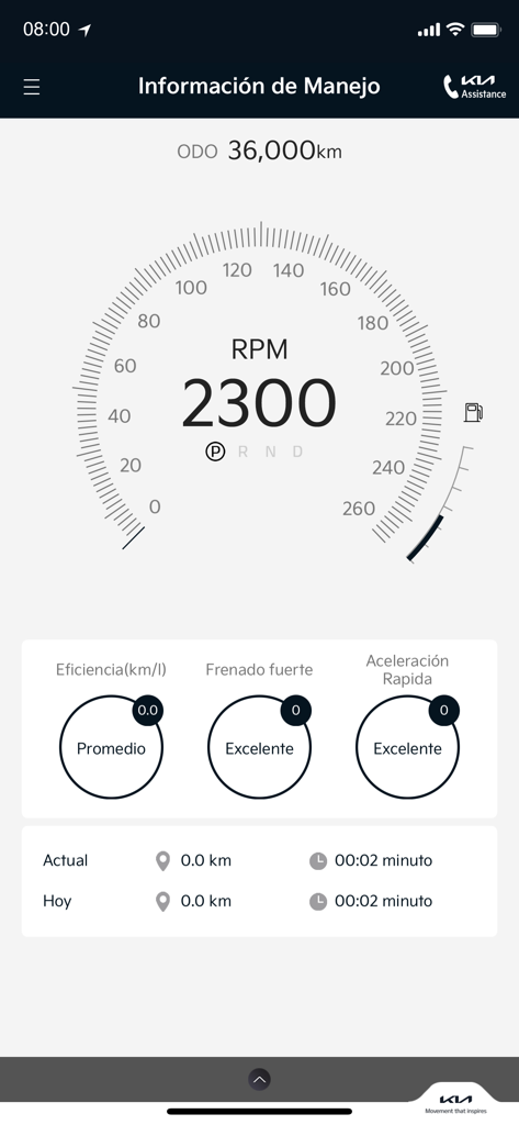My Kia plus app dashboard showing real-time driving data including RPM, speed, and efficiency metrics.