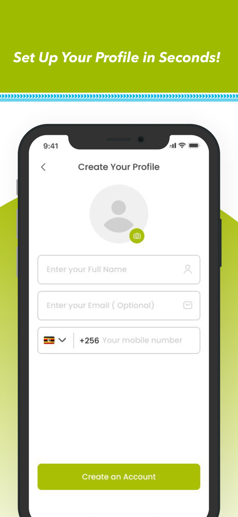 Union: Request a Ride - Pantalla de creación de perfil para la aplicación de transporte Union que muestra los campos de registro