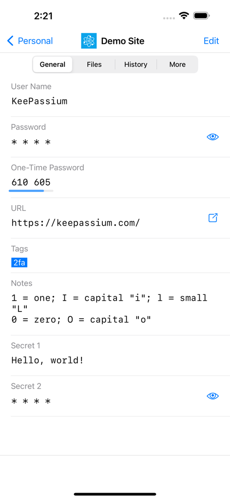 KeePassium for Intune - Detail view of a secure password entry in KeePassium for Intune featuring two-factor authentication and custom fields
