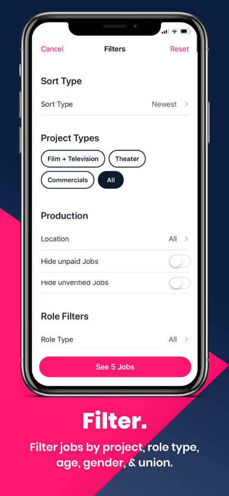Actor App by Casting Workbook - Actor Appで映画、テレビ、演劇の役柄の求人検索フィルターを表示する画面。