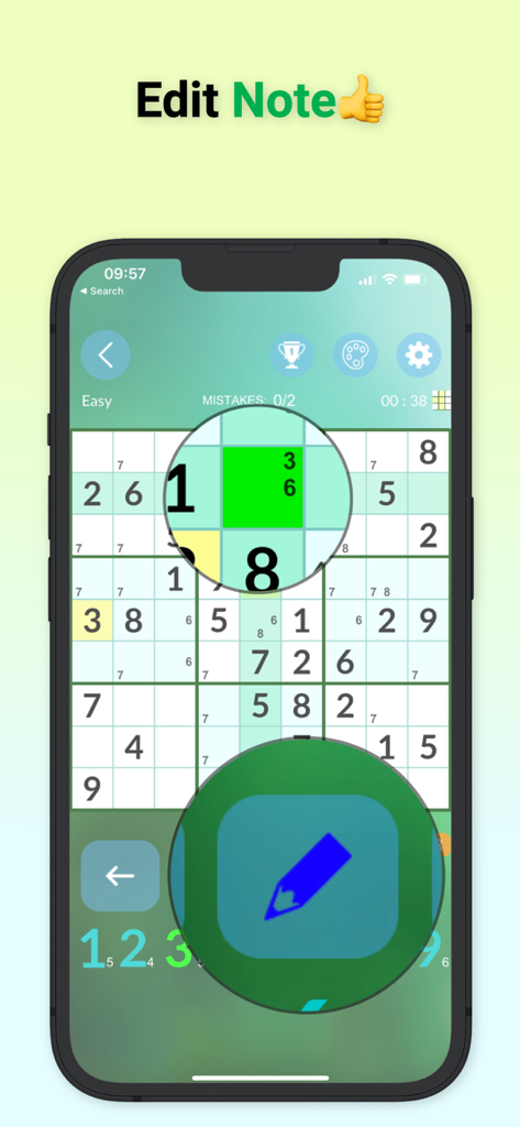 Sudoku mobile game interface showing the pencil mark note feature