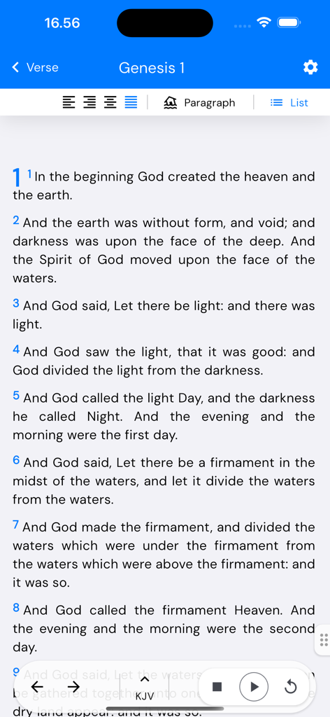 BibleNow!: Alkitab Offline - A screenshot of the BibleNow app showing the first chapter of Genesis in the King James Version
