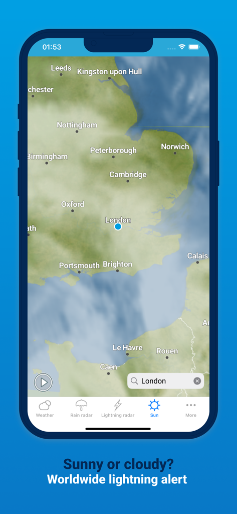 Meteox app interface showing a weather map centered on London with worldwide lightning alert text