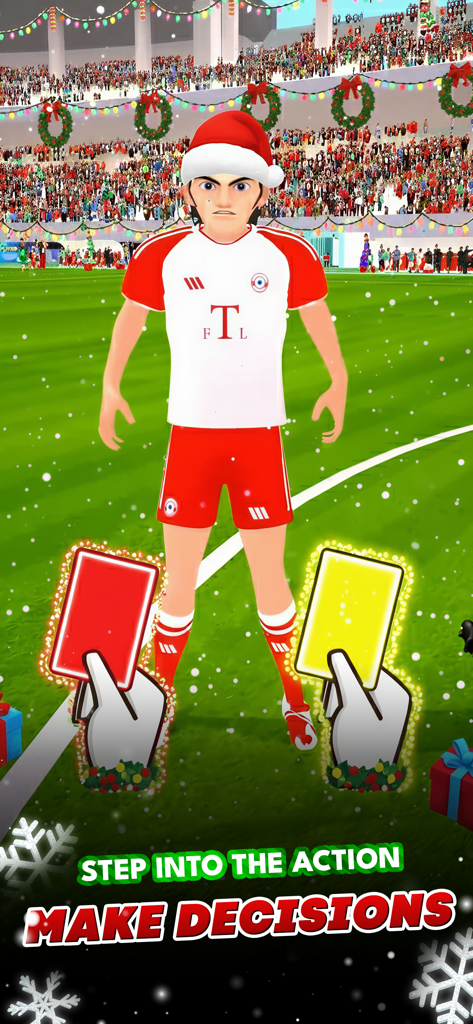A soccer referee choosing between a red and yellow card in a Christmas themed stadium