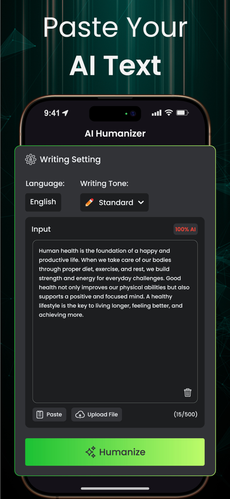 Interface do aplicativo móvel mostrando o campo de entrada de texto de IA e um botão de humanização.