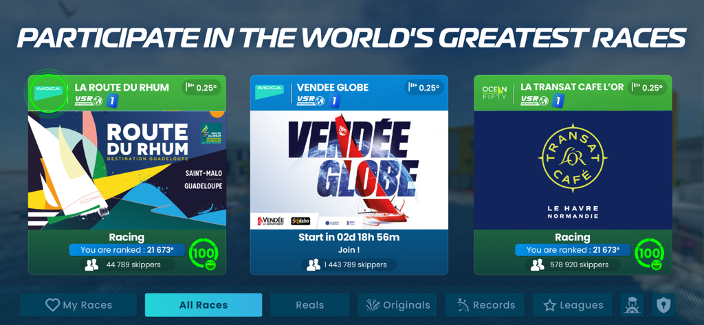 Screen showing available sailing races in Virtual Regatta Offshore including Vendee Globe and Route du Rhum.