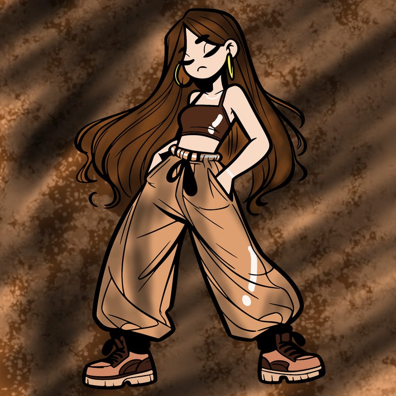 girl in baggy pants crop top and long hair