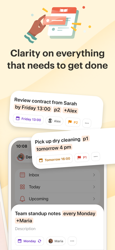 Todoist mobile interface displaying organized tasks for work and personal life with priority labels and due dates