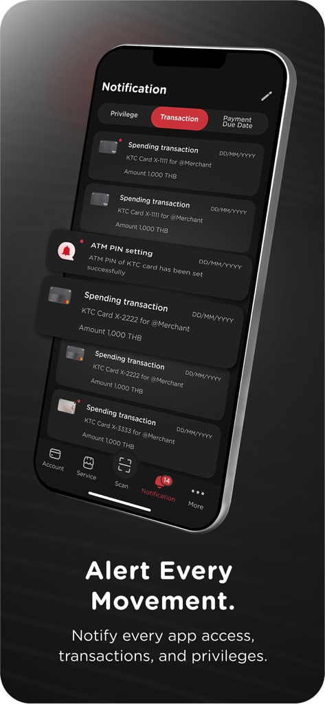KTC Mobile - KTC Mobile app notification screen showing real-time transaction alerts and PIN settings on a smartphone