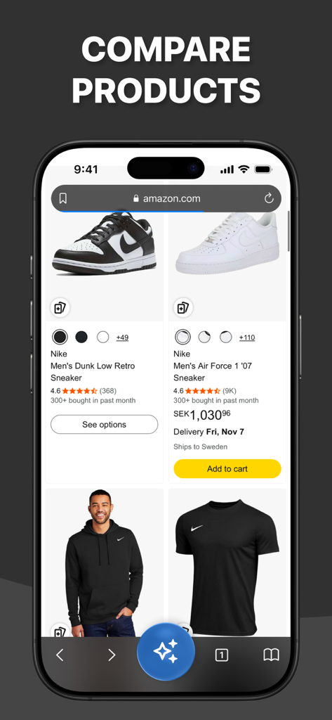 AI Browser ® - Interface de l'AI Browser montrant une comparaison côte à côte de baskets sur Amazon