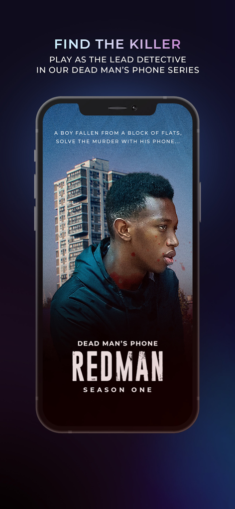 Scriptic: Crime Stories - Scriptic Crime Stories App-Oberfläche, die die Dead Mans Phone Redman-Detektiv-Mystery-Serie zeigt.