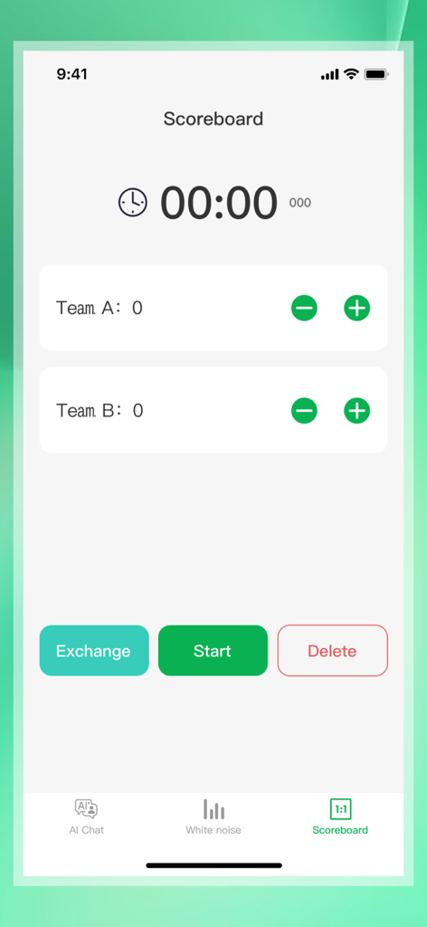 Echo Chat Engine - 타이머와 팀 점수 추적기를 보여주는 Echo Chat Engine 앱의 점수판 기능 인터페이스.