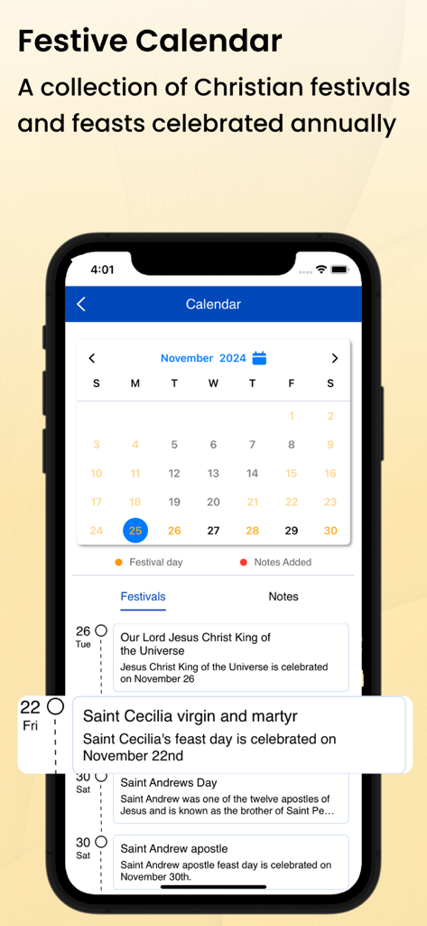 French Bible - La Bible - Festive calendar screen in the French Bible app showing a list of Christian religious feasts