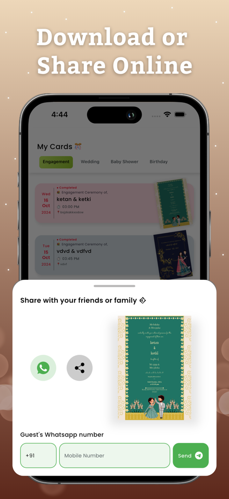 Invitation Card Pdf Maker - Interface for sharing digital invitation cards via WhatsApp and social media