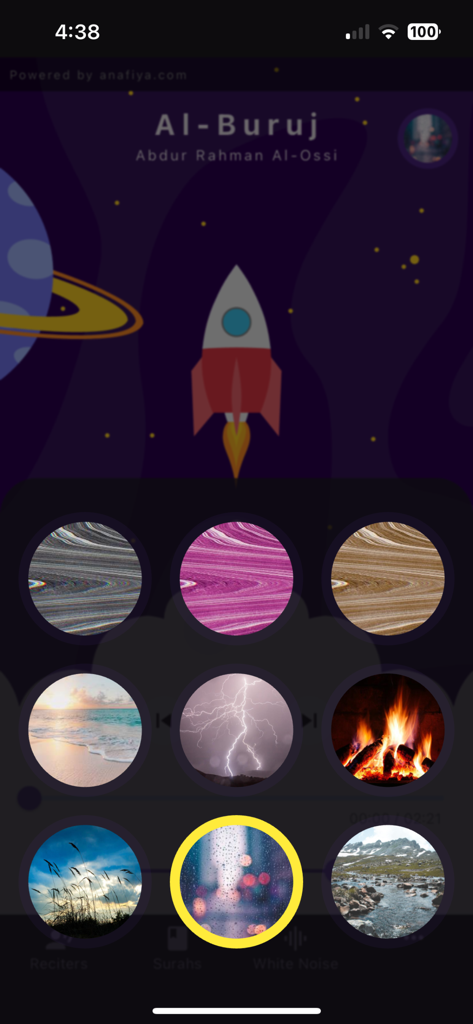 Quran White Noise - Baby Sleep - Interface of the Quran White Noise app showing various background sound options like rain and ocean
