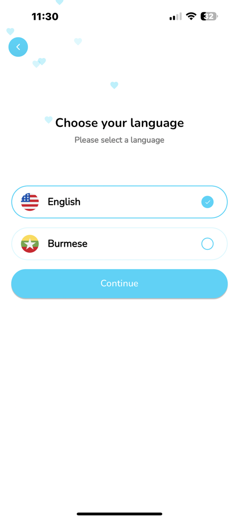 Burmese Cupid - Burmese Cupid app language selection screen showing English and Burmese options