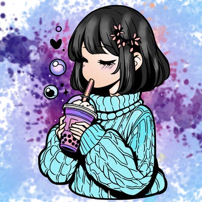 manga girl drinking boba in cozy sweater