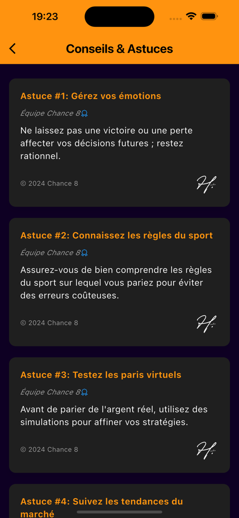 Chance 8 - Une capture d'écran de l'application Chance 8 montrant la section astuces et conseils avec des conseils stratégiques pour les parieurs sportifs.