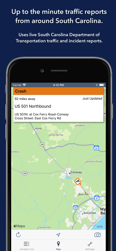South Carolina State Roads app map interface showing a crash alert on US 501 Northbound near Conway