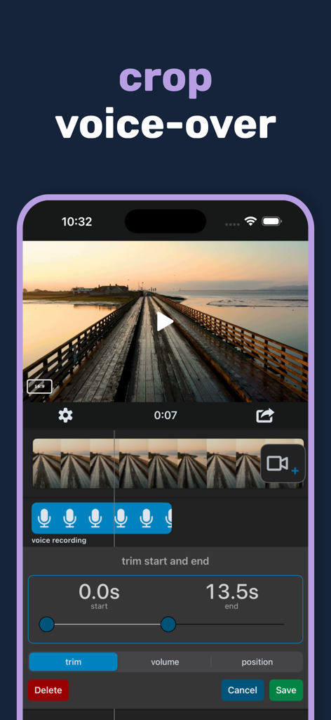 Mobile app interface showing a video of a pier with tools to trim and crop voice over recordings