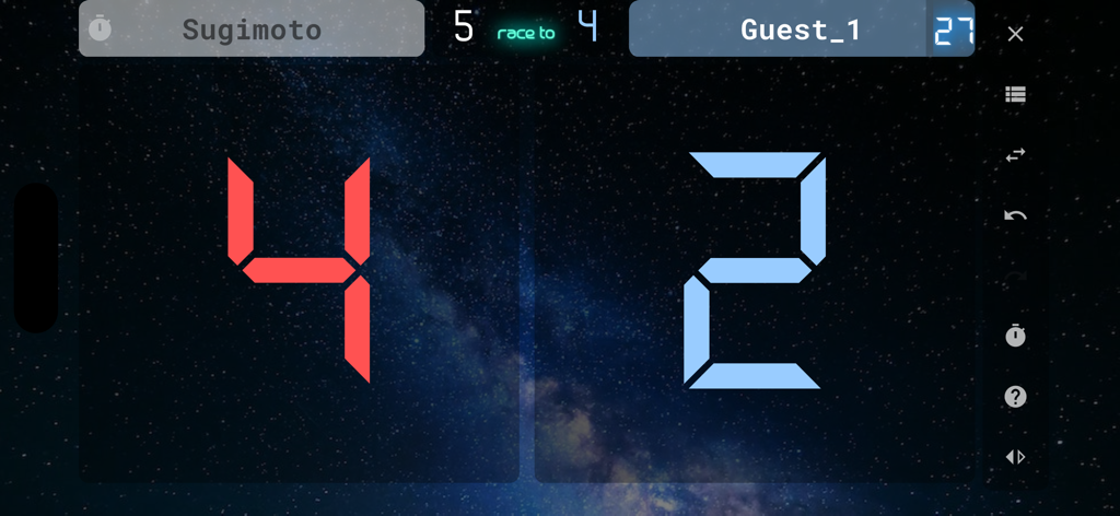 neon  cue sports score board - Digital pool scoreboard with neon numbers showing a score of 4 to 2 against a starry galaxy background