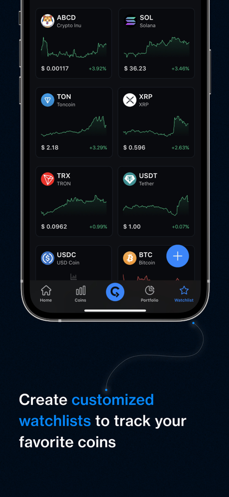 A smartphone screen displaying a customized cryptocurrency watchlist in the CryptoRank app.