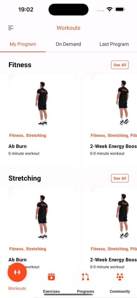 Screenshot of the PopFit Max mobile app showing fitness and stretching workout programs